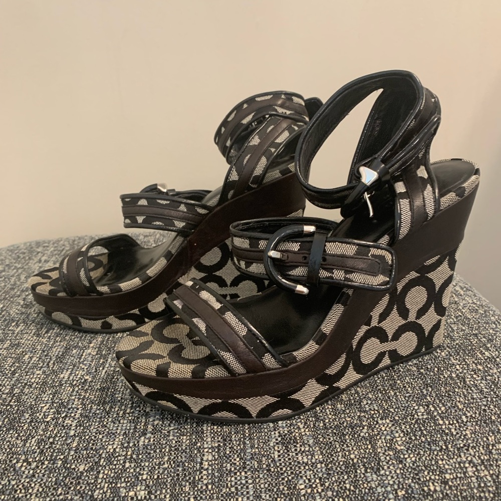 Coach Black and Gray Geometric Wedge Sandals